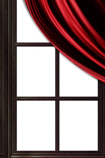 Janela de madeira com cortina vermelha — Fotografia de Stock