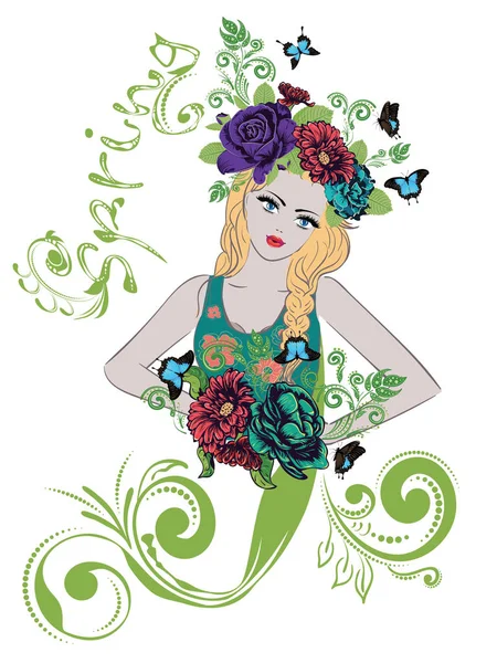 Spring Girl with Flowers — Stock Vector