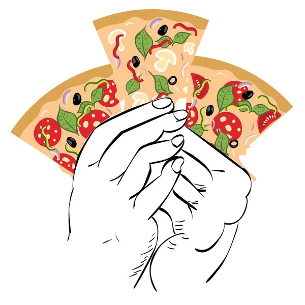 Cartone animato gustosa pizza e mani — Vettoriale Stock