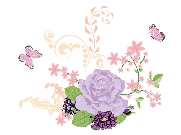 Ornamento di rose e farfalle — Vettoriale Stock