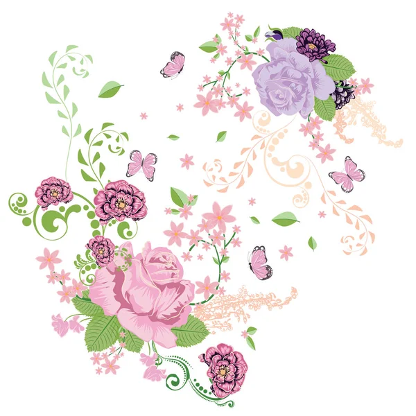 Roses et papillons Ornement — Image vectorielle