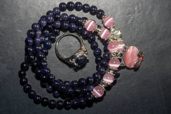 Dark Blue Bracelet with Pink Opal — Stock Photo, Image