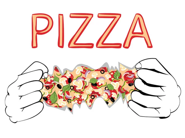 Cartone animato gustosa pizza e mani — Vettoriale Stock