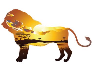 Aslan ile Afrika günbatımı