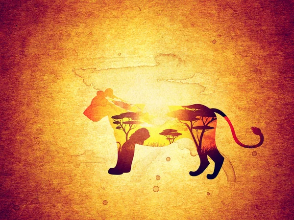 Afrikaanse zonsondergang met Lion Grunge — Stockfoto