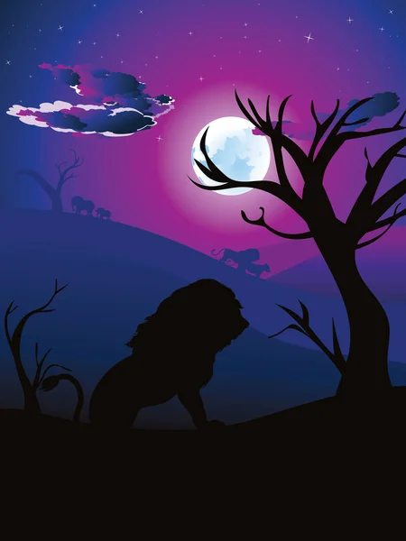 Nuit africaine avec Lion — Image vectorielle