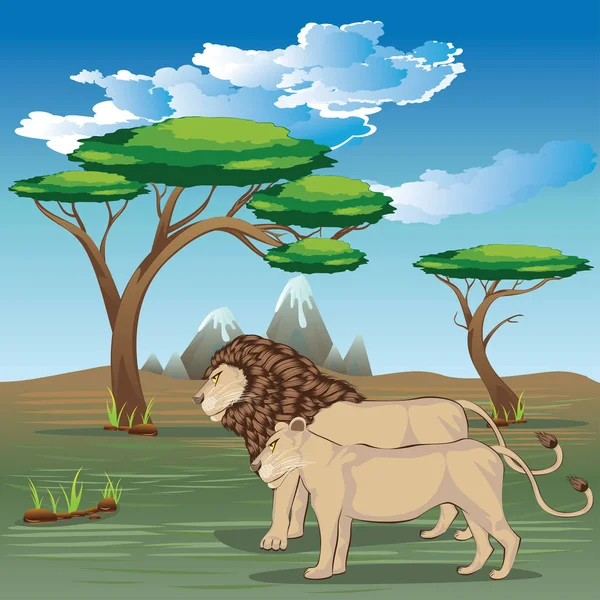 Пейзаж со львами — стоковый вектор