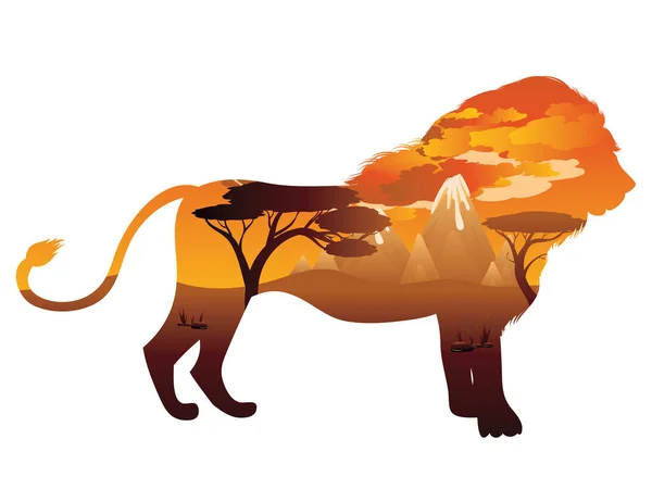 Pôr do sol africano com leão —  Vetores de Stock