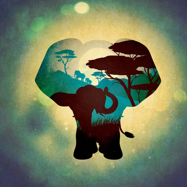 Noche africana con elefante grunge — Foto de Stock