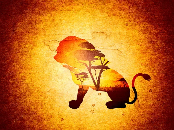Afrikaanse zonsondergang met Lion Grunge — Stockfoto