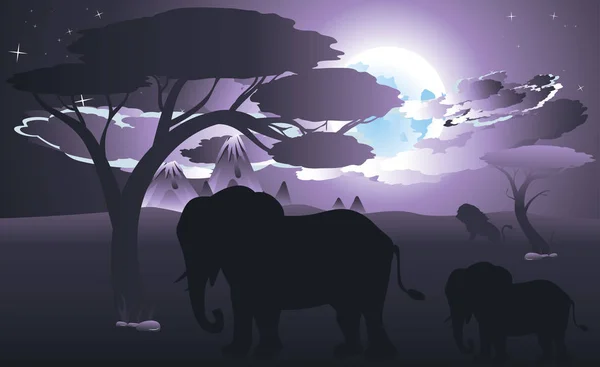 Noche africana con elefante — Vector de stock