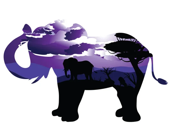 Noche africana con elefante — Vector de stock