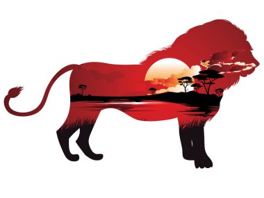 Aslan ile Afrika günbatımı