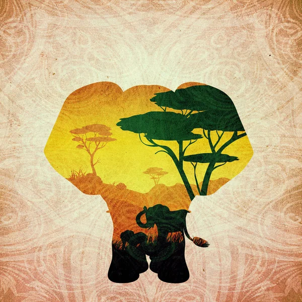 Αφρικανική ηλιοβασίλεμα με ελέφαντα Grunge — Φωτογραφία Αρχείου
