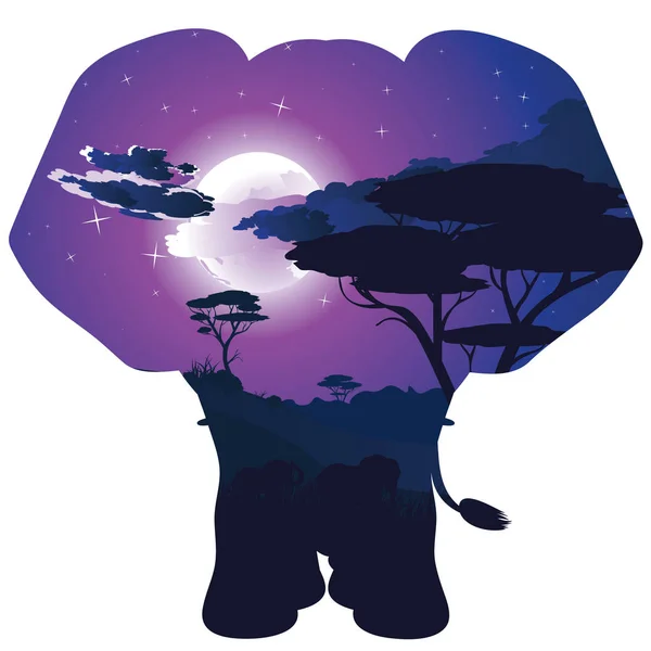 Noche africana con elefante — Vector de stock