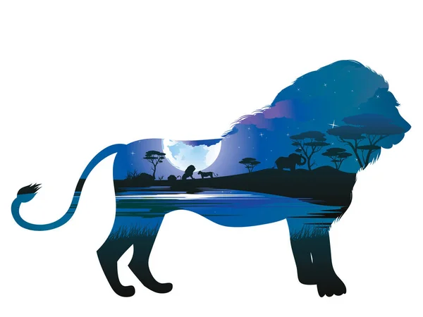 Африканская ночь со львом — стоковый вектор