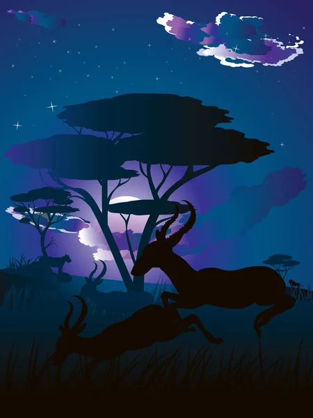 Paysage nocturne avec antilopes — Image vectorielle