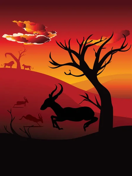 Solnedgång landskap med antiloper — Stock vektor