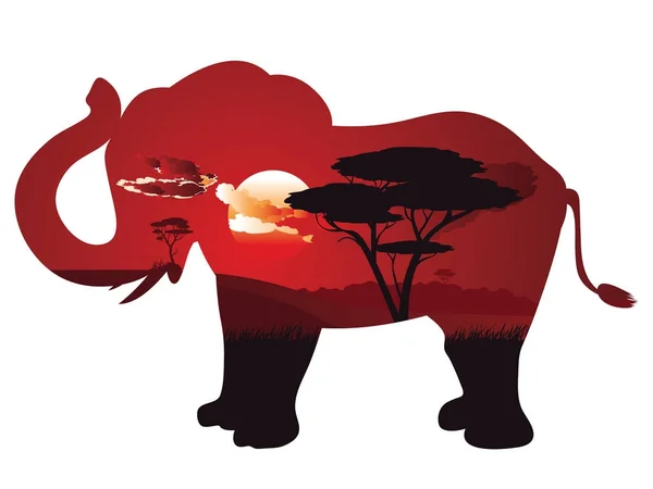 Puesta de sol africana con elefante — Vector de stock