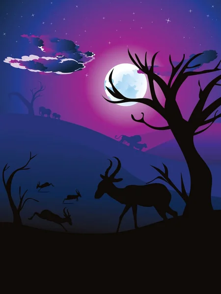 Night Landscape with Antelopes — Stock Vector