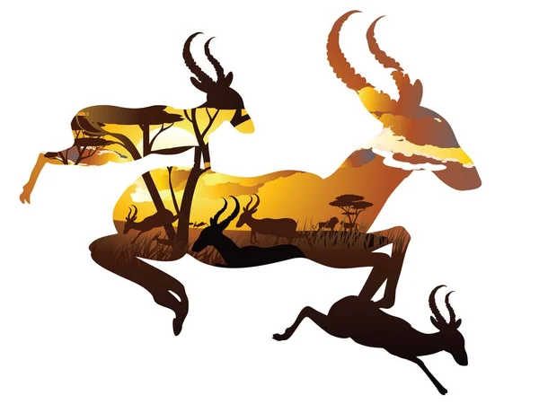 Ландшафт Сансет с антилопами — стоковый вектор