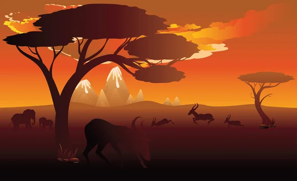 Sunset Landscape com Antelopes — Vetor de Stock