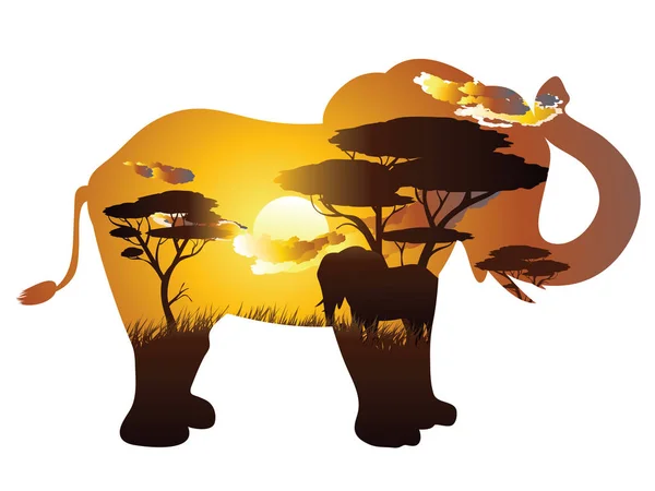 African Sunset with Elephant — Stock Vector