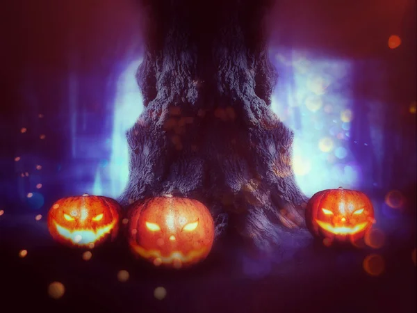 Spooky träd med pumpor — Stockfoto