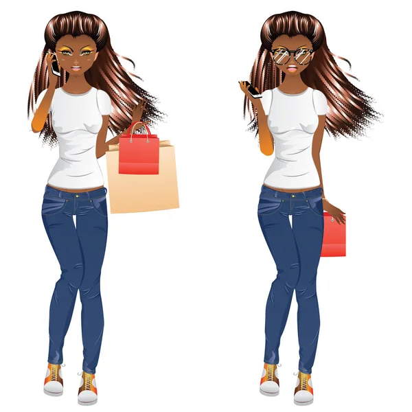 Afro americano Compras Chica — Vector de stock