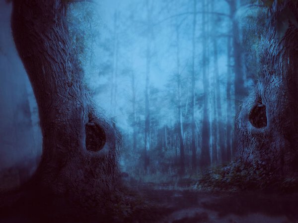 Spooky mystical foggy forest scene in the night.