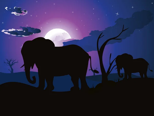 Noche africana con elefante — Vector de stock