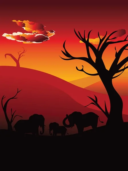 African Sunset with Elephant — Stock Vector