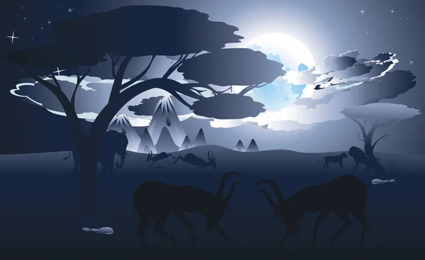 Nacht landschap met antilopen — Stockvector