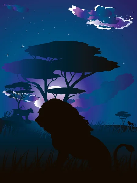 African Night with Lion — Stock Vector