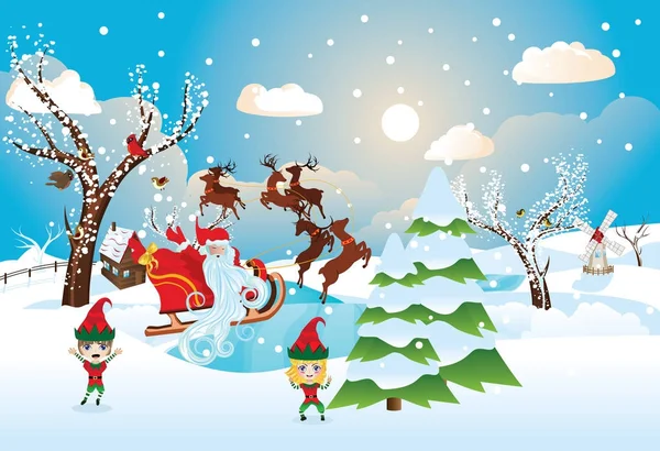 Santa Riding Reno trineo — Vector de stock