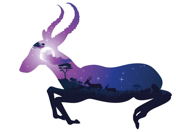 Peisaj de noapte cu Antelopes — Vector de stoc