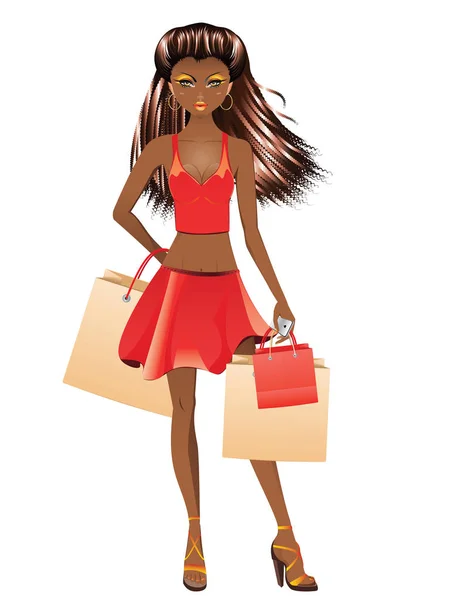 Afro American Shopping Girl — Stock Vector