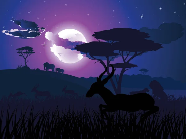 Nachtlandschaft mit Antilopen — Stockvektor
