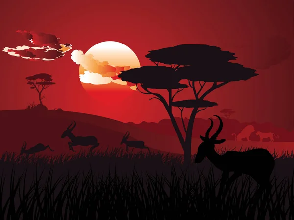 与羚羊的日落景观 — 图库矢量图片