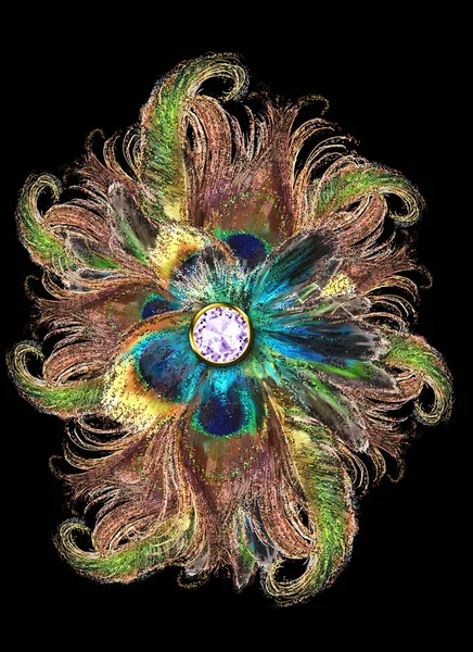 Elemento Decorativo Colorido Hecho Con Cristal Plumas Pavo Real Purpurina — Foto de Stock