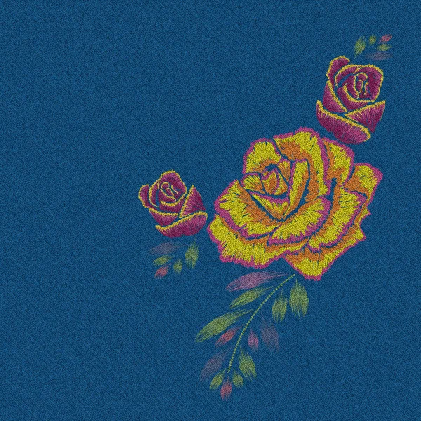 Синя Джинсова Текстура Вишитим Ефектом Троянди Ілюстрація — стокове фото
