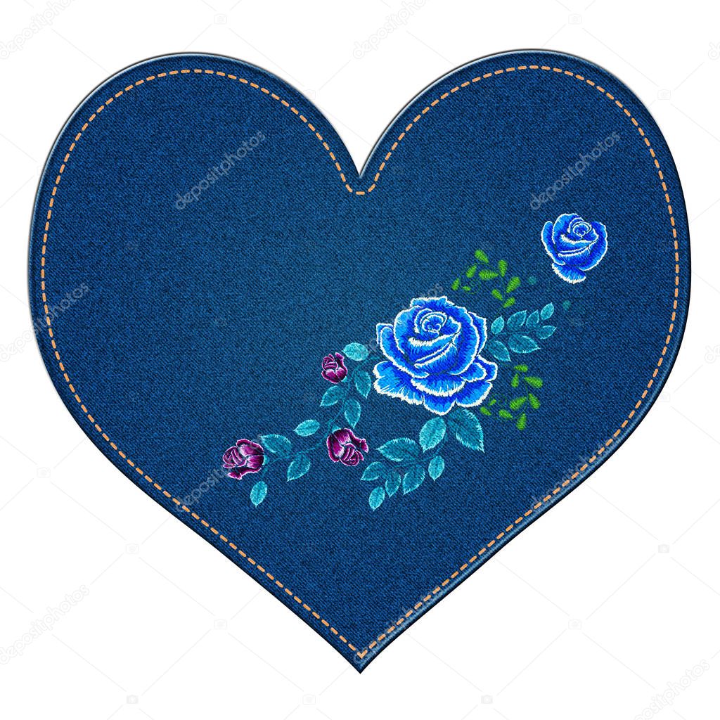 Jeans Heart with Rose Embroidery