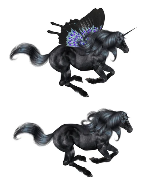 Unicornio negro con alas de mariposa — Foto de Stock