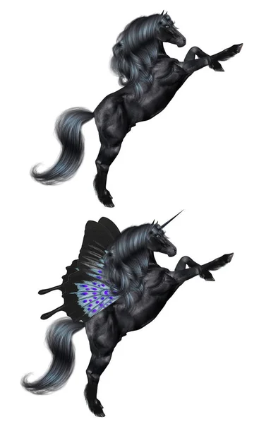 Black Unicorn with Butterfly Wings — Stock Photo, Image