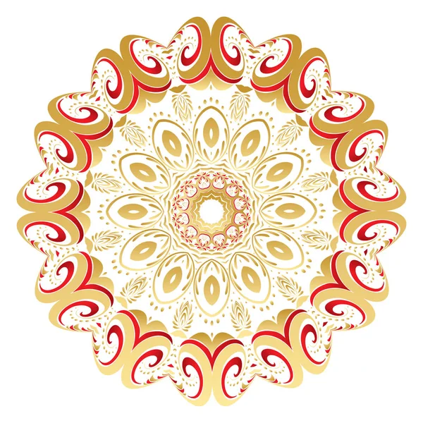 Ouro floral e ornamento redondo vermelho — Vetor de Stock