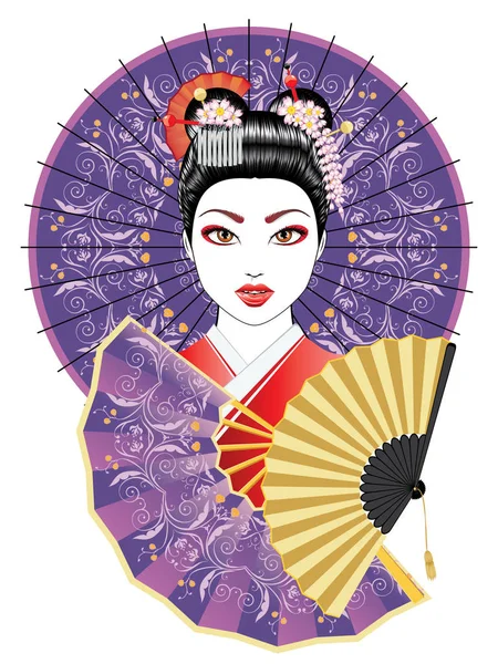 Geisha con ventilador y paraguas — Vector de stock
