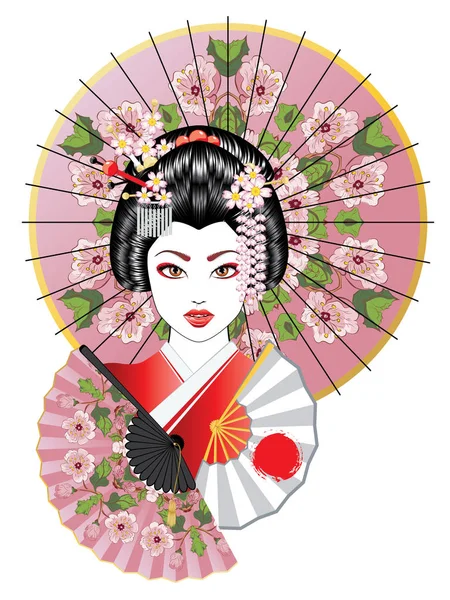 Geisha with Fan and Umbrella — Stock Vector