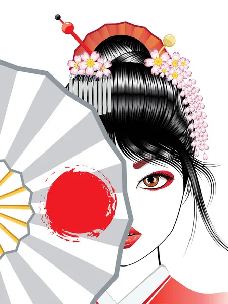 伝統的な芸妓の髪型 装飾的なファンを持つ東洋の女の子 — ストックベクタ