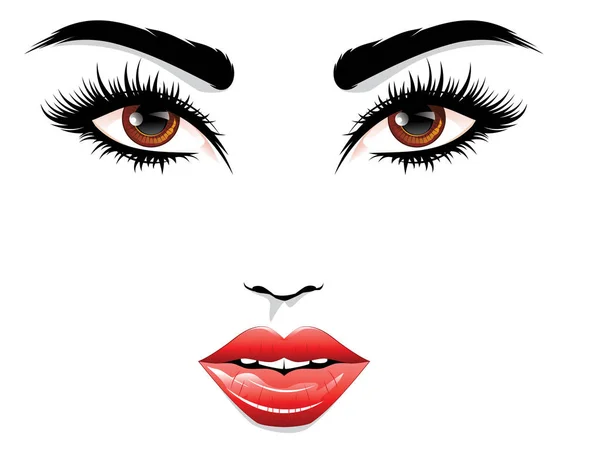 Augen Mit Langen Wimpern Und Roten Lippen Glamour Porträt — Stockvektor