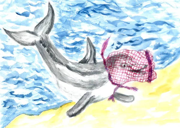 Plastic waste and dolphin in the ocean hand drawn illustration.